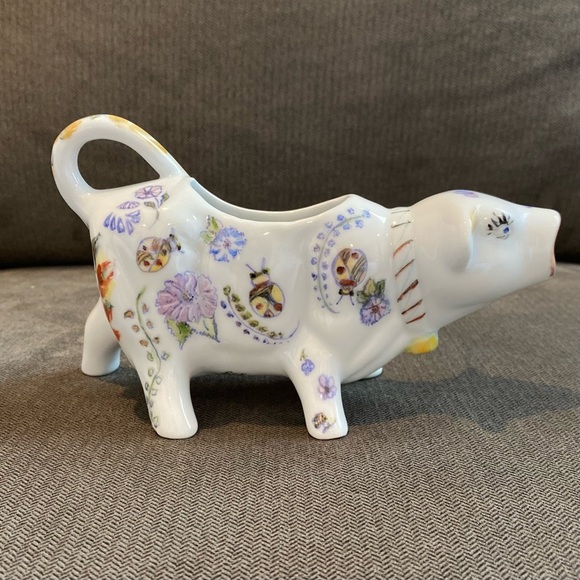 Ceramic White Cow Creamer Colorful Floral And Ladybug Design Signed “RJR… - Picture 8 of 9
